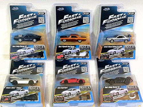 Fast & Furious Build N Collect Complete Collection of 6 Die-cast Cars / Bonus Brians Toyota Supra (Jada Toys). 1:55 scale.