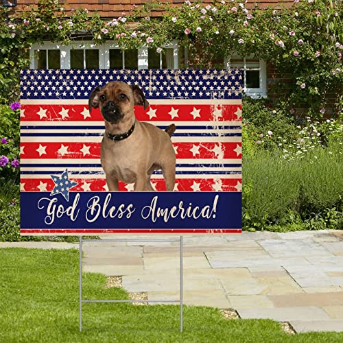 Junelucky Patriotic Yard Sign 18X24 God Bless America Independence Day American Flag Dog Waterproof Corrugated Plastic Yard Sign With H-Stakes Decoration For Lawn Garden Yard Home Outdoor Party #TOP4