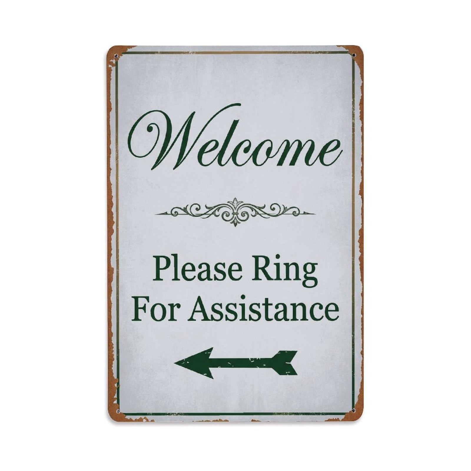 Vintage Welcome Please Ring For Assistance Arrow Scroll Metal Tin Sign