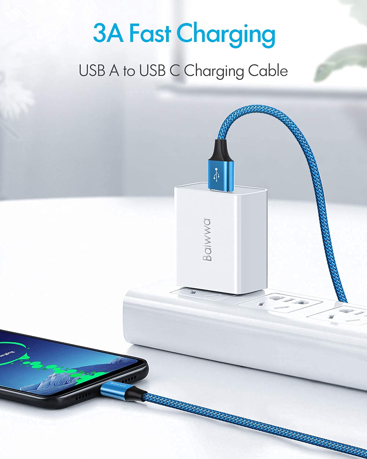 Baiwwa Cavo USB Type-C 1.5M 2Pezzi, Nylon 3A Tipo USB C Ricarica Rapida per Samsung Galaxy S21 S20 S22 S9 S10 S8 S10e Plus Ultra, A20e A50 A51 A70 A71 A53 A11 A13, Pixel, Redmi, LG -Blu