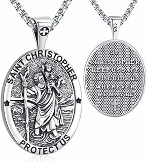 925 Sterling Silver St Michael/St Christopher/St Benedict/Saint Jude//Virgin Mary Miraculous Medal Jesus Cross Pendant Necklace for Men Women Saint Locket Necklace That Holds Pictures Religious Amulets