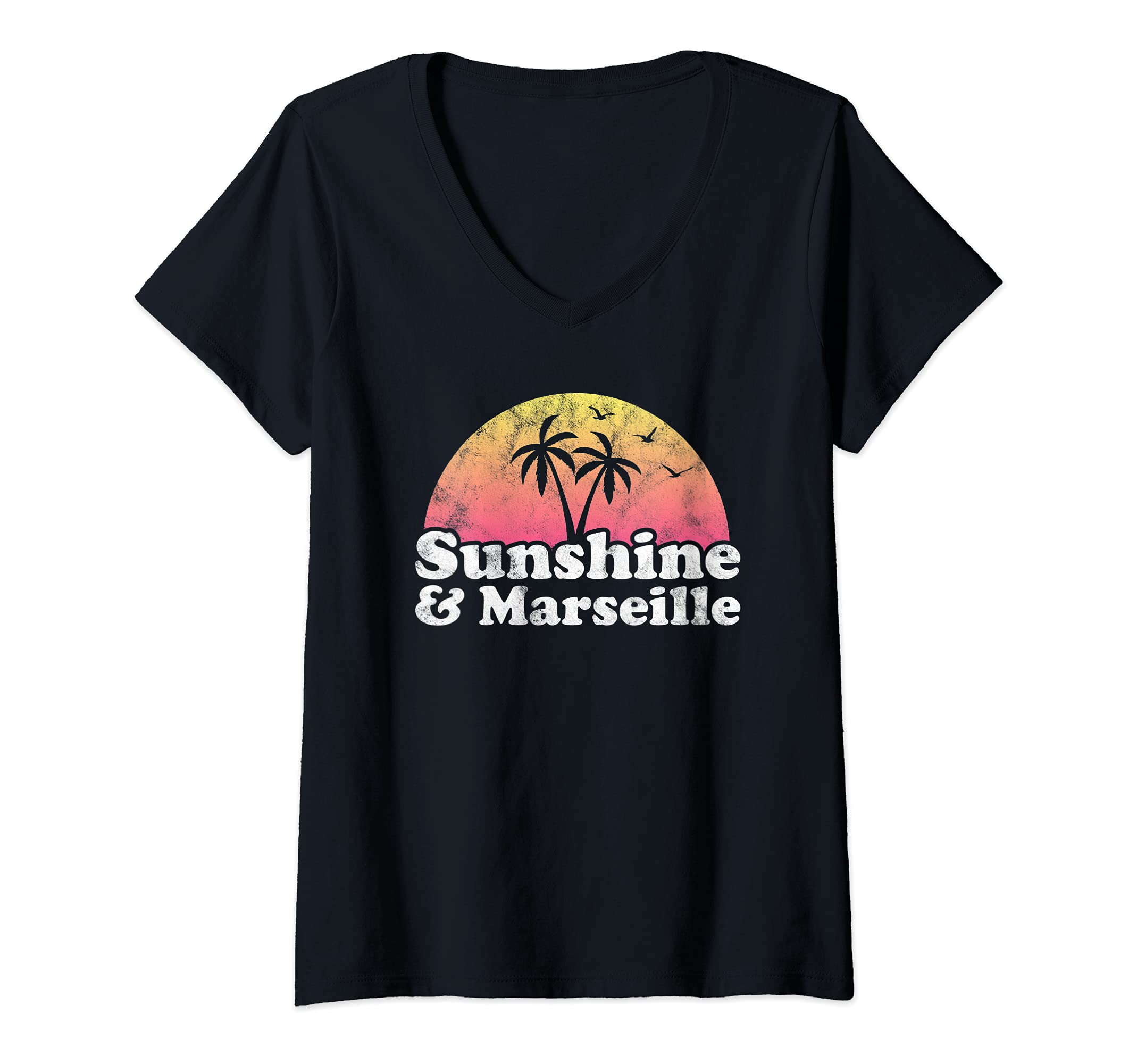 Womens Sunshine and Marseille France V-Neck T-Shirt, Black