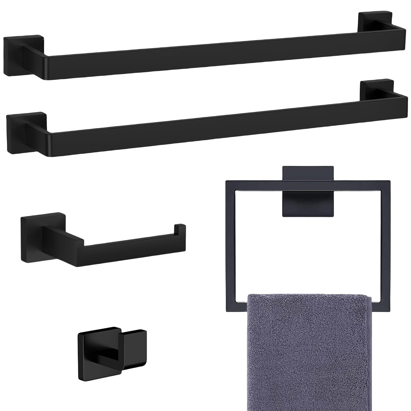 5-Pieces Matte Black Bathroom Hardware Accessories Set, SUS304 Stainless Steel Bath Towel Bar Set, 24 Inch Towel Racks for Bathroom Wall Mounted.