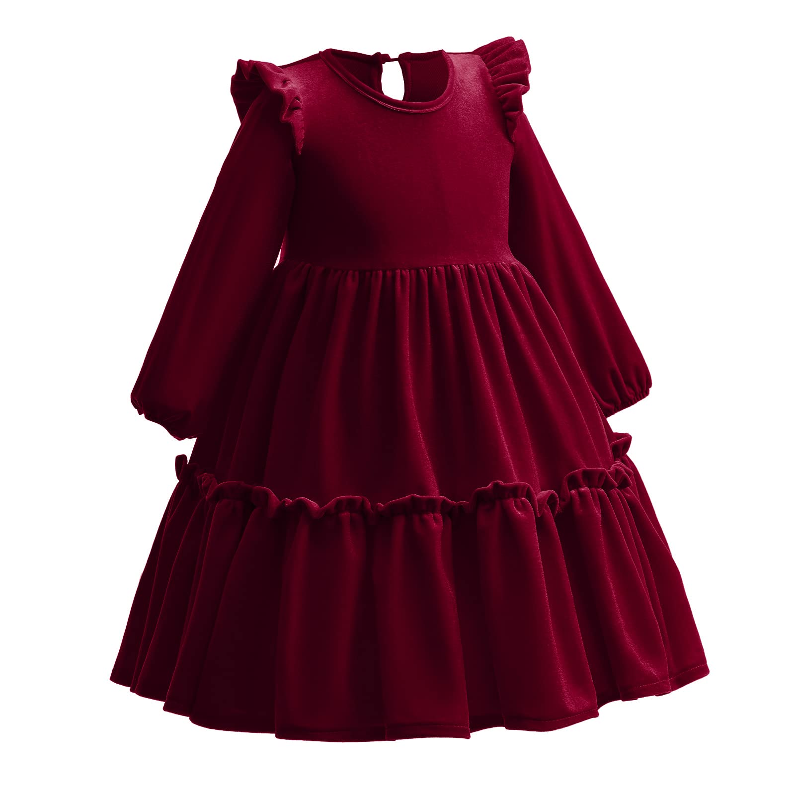 Enfants Filles Robe de Noël Manches Longues Velours Automne Hiver Vêtements Princesse A Ligne Couleur unie Volants Robe de Fête Anniversaire Festif Concours Robe de Bal, rouge bordeaux, 6-7 ans