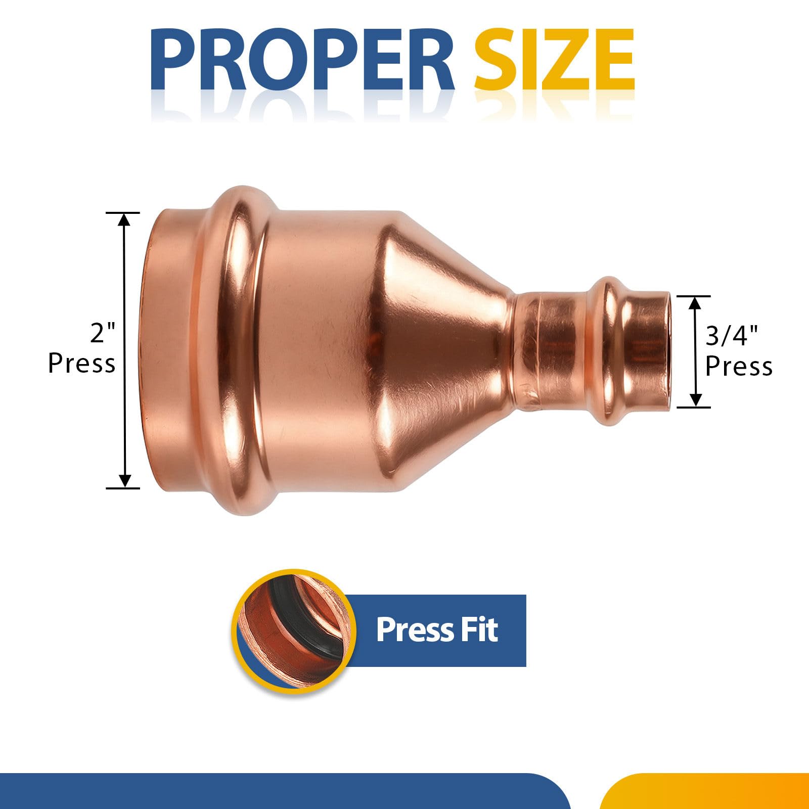 Paquete de 20 acoplamientos de presión de cobre GUOFIS sin tope, acoplamiento de cobre de 2" x 3/4" para conexiones de tuberías de reparación y remodelación de plomería, diseño de flujo continuo.
