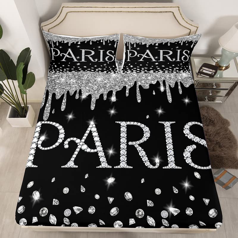 Eiffel Tower Sheet Set Paris Glitter (No Glitter No Sequin) Diamond Sheets with Deep Pocket Fitted Sheet for Girls Paris Decor Teens Black Silver Bed Sheets Set Breathable Bedding Set Room Decor Full