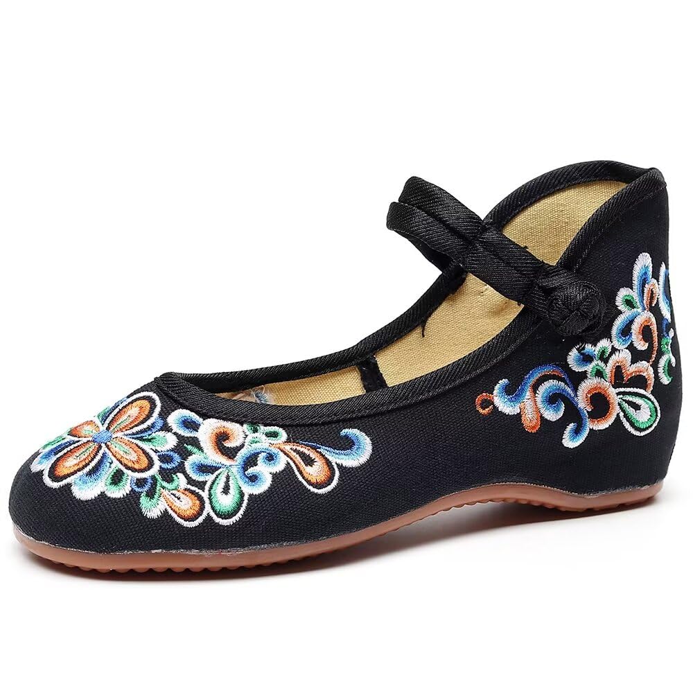 TN TANGNEST Women's Floral Embroidered Vintange Buckle Flat Shoes Round Toe Dress Mary Jane Shoes