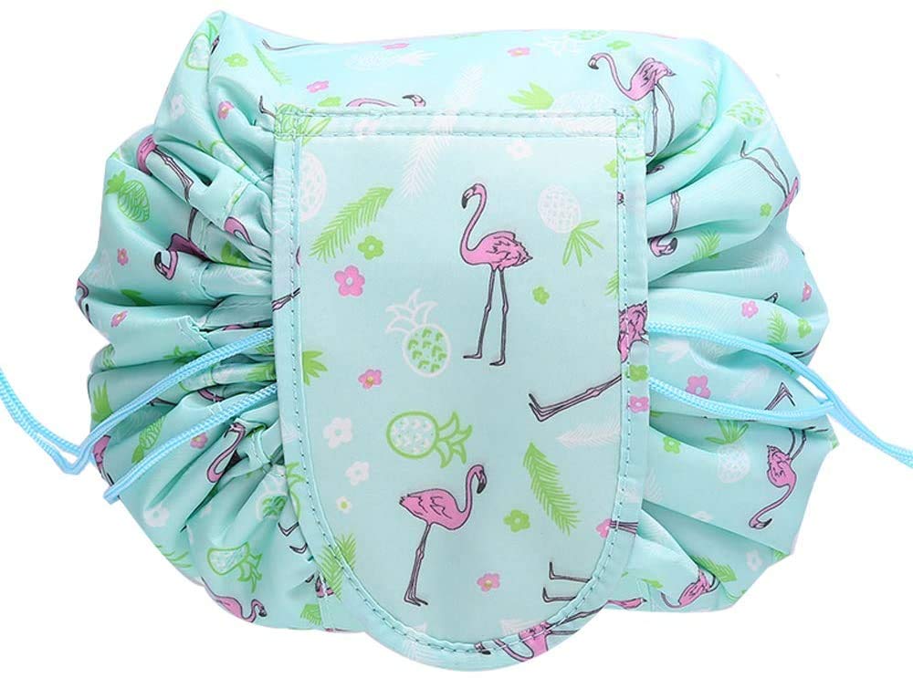 QWE Cosmetic Bags, Makeup Cosmetic Bags, Laziness And Fast Packet Drawstring Bag,Green Flamingo
