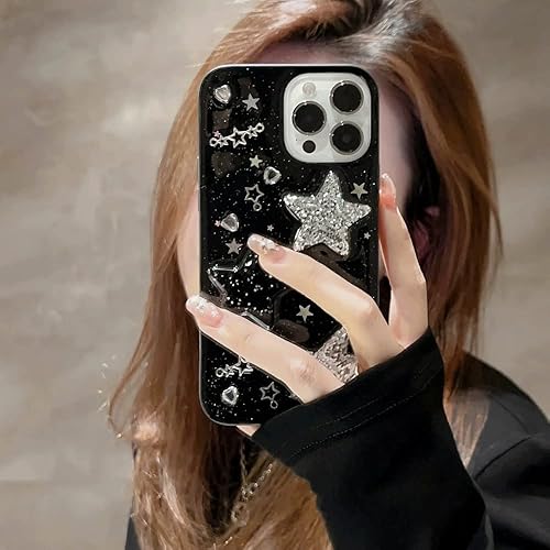 Miniatura 4 de Funda para iPhone 14 con diseño de estrellas 3D con corazones brillantes y diamantes con purpurina Y2K Spark de lujo, diseño femenino estético