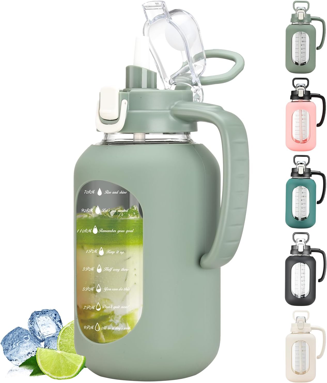 64 oz Glass Water Bottle with Straw and Handle Half Gallon Water Jug with Silicone Sleeve Large Water Bottle for Office, Gym, Outdoor Sports