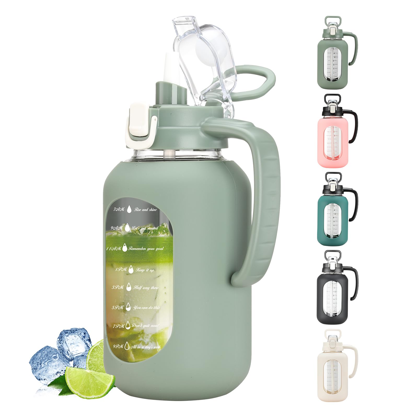 64 oz Glass Water Bottle with Handle and Straw Large 2L Water Bottle with Time Markers and Silicone Sleeve Half Gallon Water Jug BPA Free for Gym