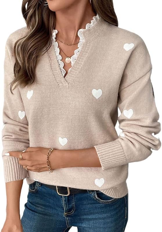 Cute Heart Print Sweater for Women - V-Neck Sweater Pullovers with Lace Trim, Knit Jumper