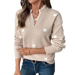 Cute Heart Print Sweater for Women – V-Neck Sweater Pullovers with Lace Trim, Knit Jumper