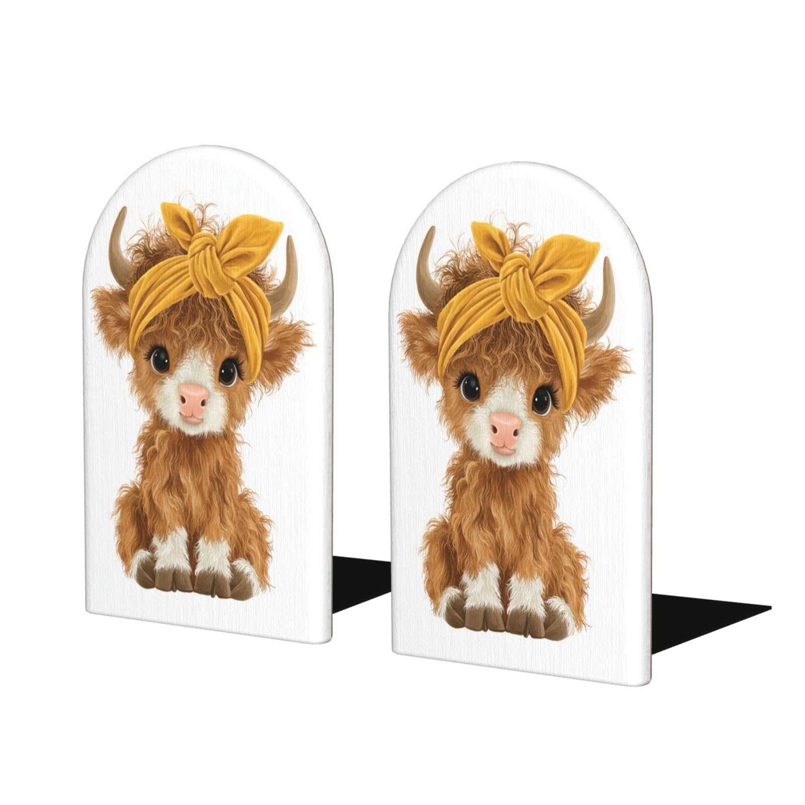 Woshuwo Cartoon Highland Cow Bookends For Shelves 2 Pcs Wooden Book Stopper Organizer For Home Office Libraries