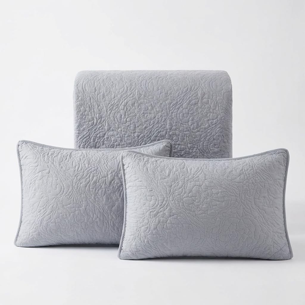 StylemyBedroom Ultrasonic Floral Bedspread Set - Soft Microfiber Quilted Coverlet for All Seasons - Includes Matching Pillow Shams (Gray, Double)