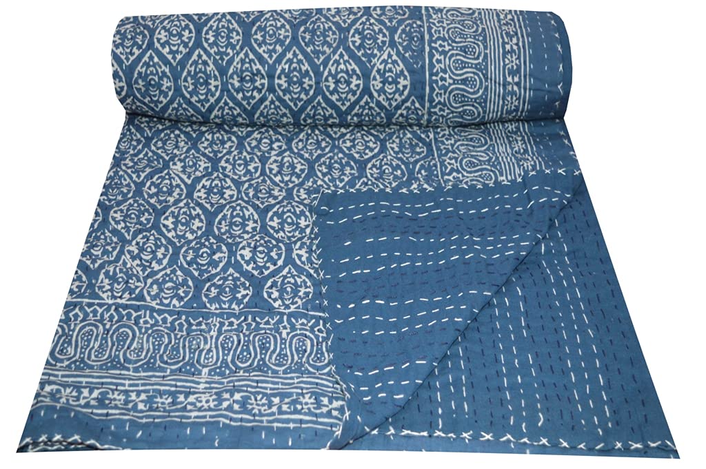 Indain Hand Indigo Blue Kantha Quilt Block Print Twin Bedspread Throw Vintage Kantha Quilt