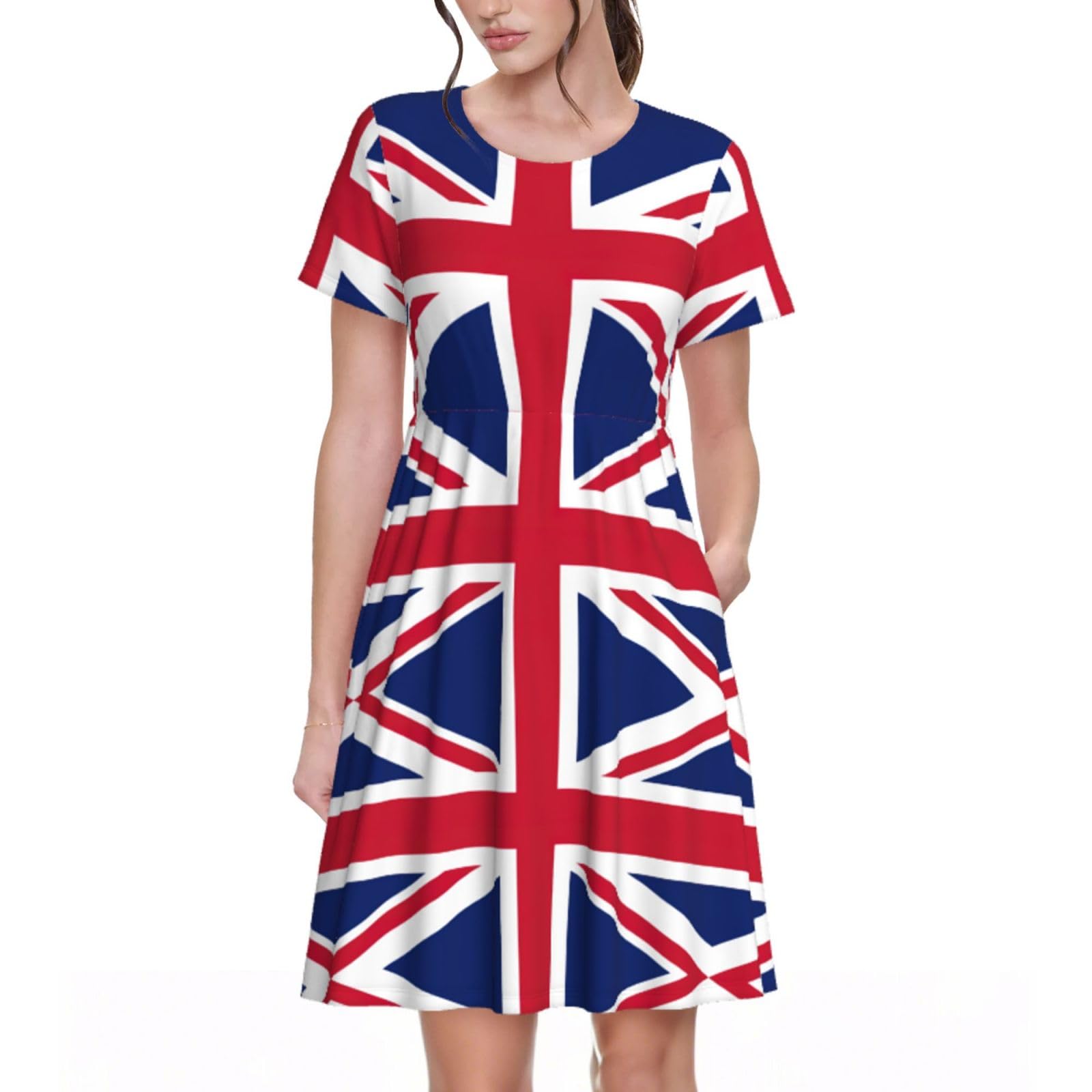 British Flag Womens Summer Dress Casual Swing Short Sleeve Sundresses Beach A-Line Shift Dress with Pockets Black