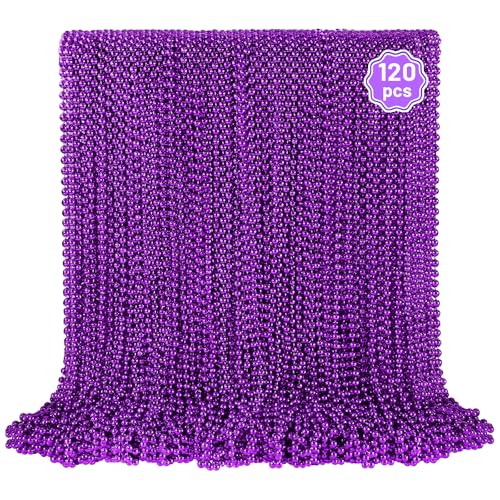 120 PCS Purple Bead Necklaces Purple Mardi Gras Beads Halloween Beads Necklaces 33 Inch Round Beaded Necklace Costume Necklace for Mardi Gras Christmas Halloween Party Favors Mothers Day Decor