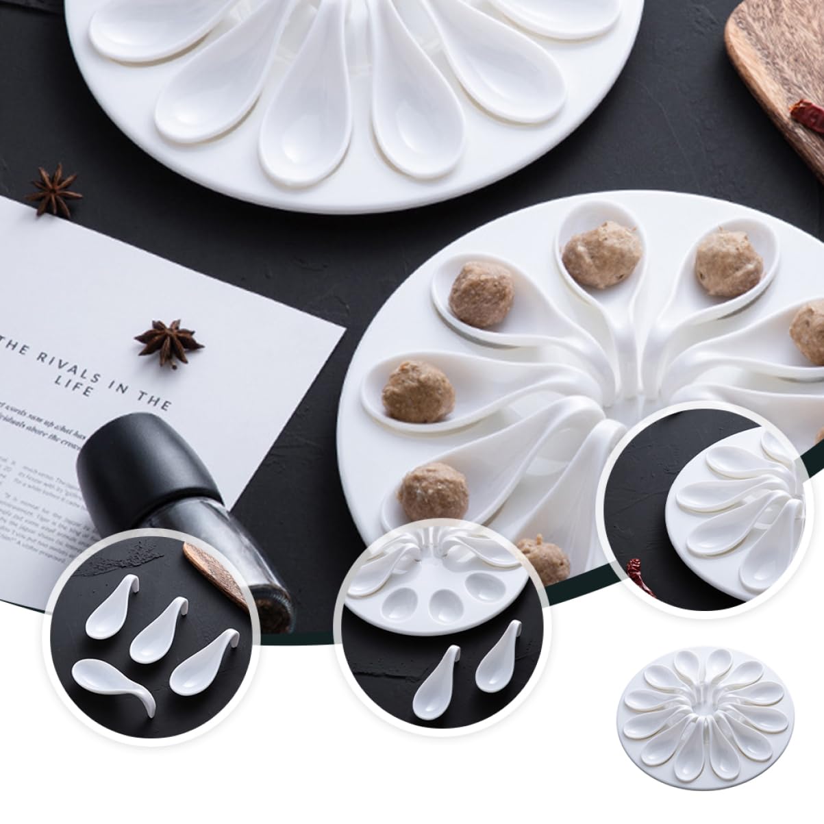 Unomor 1 Set Dish Meatball Container Escargot Snail Tray Chinese Noddle Spoon Meatballs Storage Plate Appetizer Serving Plate Kitchen Deviled Egg Plate Escargot Tong Ruffle White Melamine