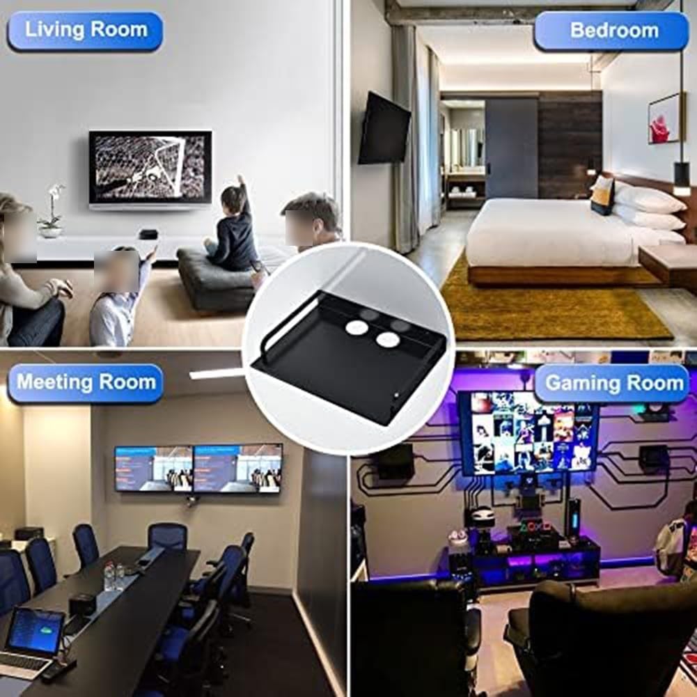 Supporto da parete per proiettore e ripiano galleggiante per Media Box, router e console di gioco, 33 x 25 x 4,2 cm, in alluminio spaziale resistente con foro per cavi, design elegante nero