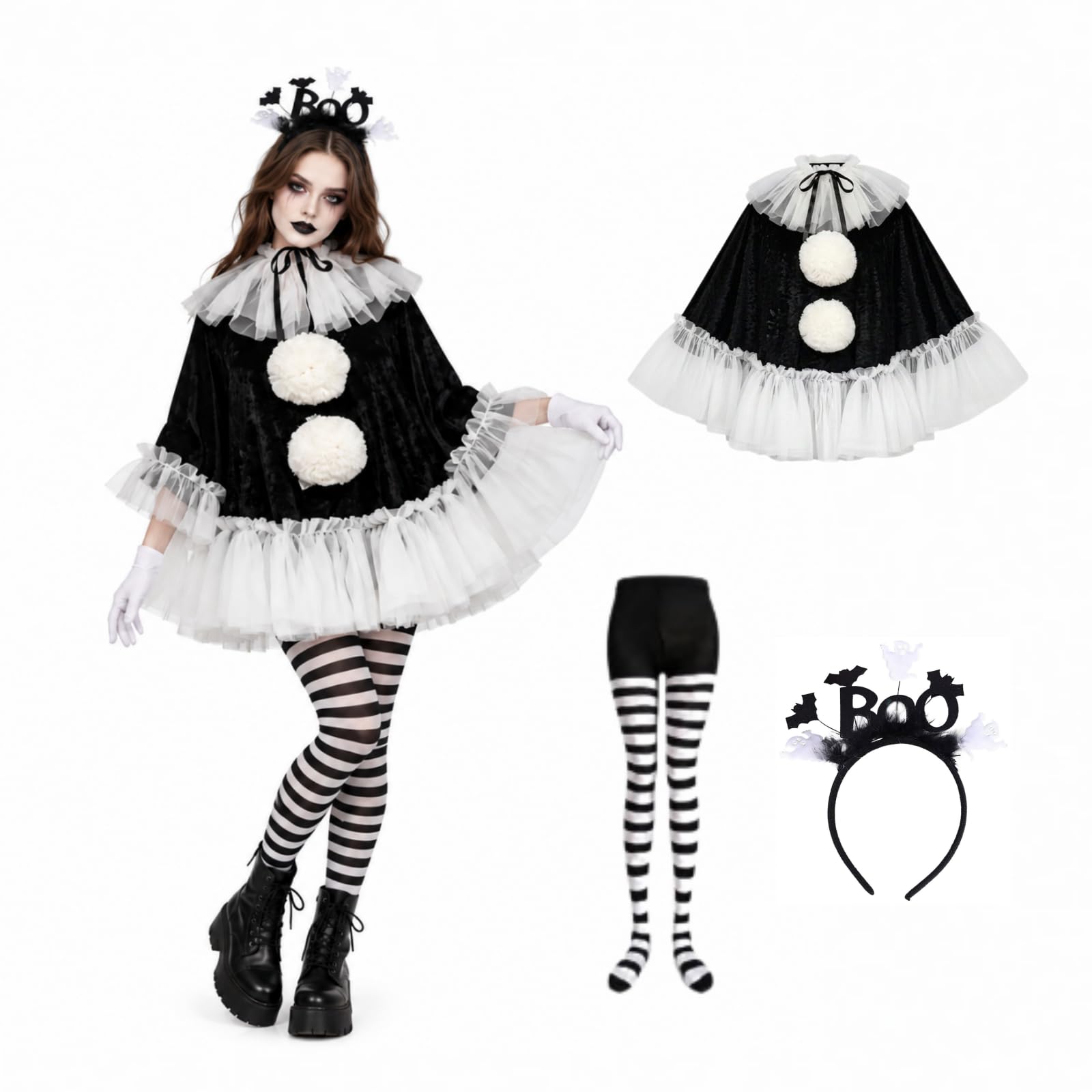Women's Clown Costume, Black White Halloween Mesh Cloak with Headband, 4 Pieces Halloween Cosplay Outfits, Ruffle Cloak Headband Tulle Ruffle Neck Collar Striped Pantyhose Outfit