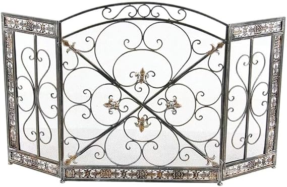 Folding Fire Screen Living Room European Fireplace Screen Fire Bar Fireplace Core Embedded with Mesh Wrought Iron Partition Hollow Decorative Mantel Stove Firescreen Color : Gold Black