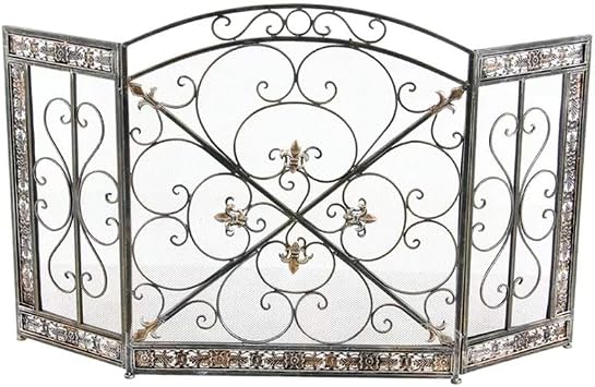 Folding Fire Screen Living Room European Fireplace Screen Fire Bar Fireplace Core Embedded with Mesh Wrought Iron Partition Hollow Decorative Mantel Stove Firescreen Color : Gold Black