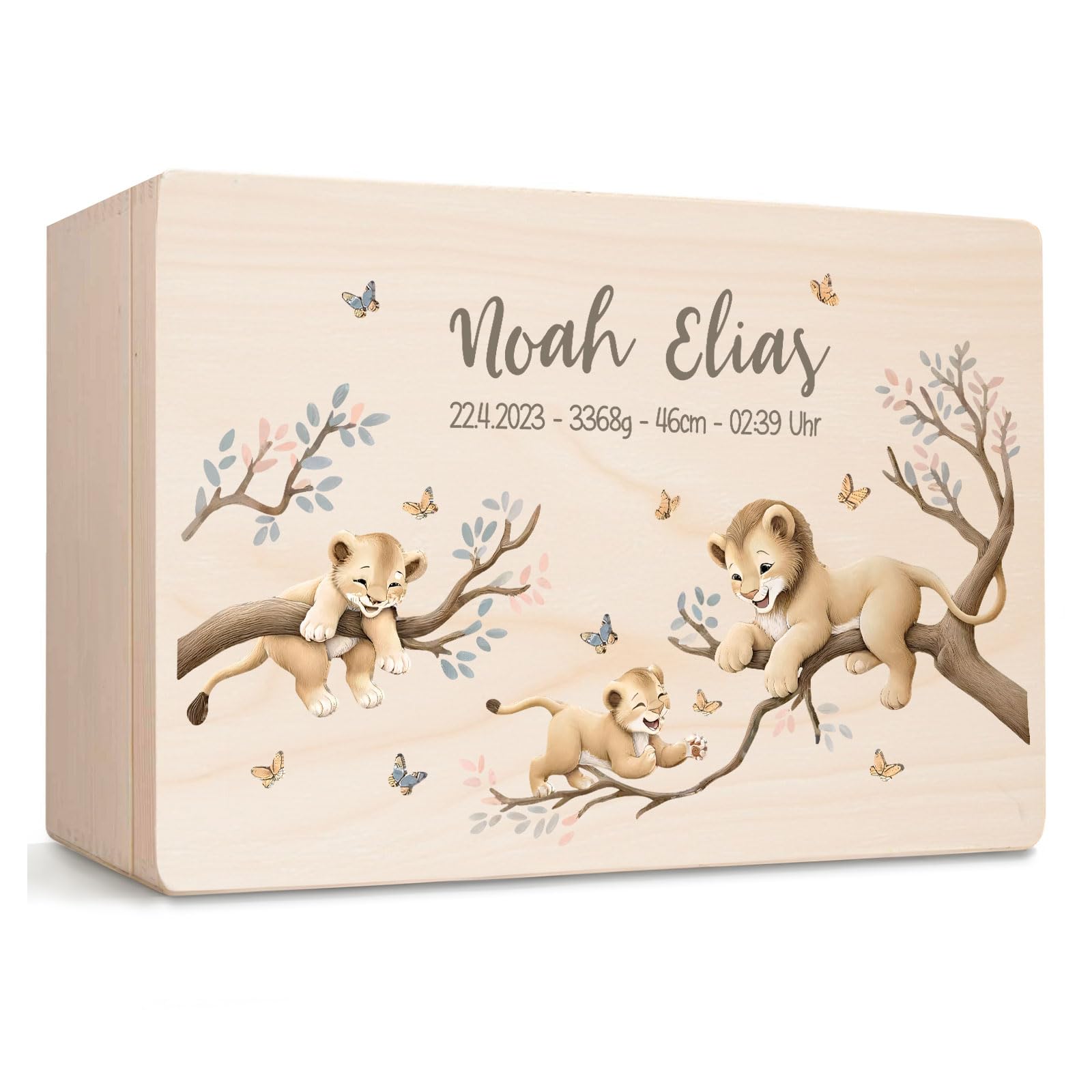 Little Deco Personalisierte Erinnerungskiste Baby Holzkiste mit Namen, Aufbewahrungsbox mit Deckel, Safari Löwen, Geschenk zur Geburt, Taufe & Geburtstag für Jungs & Mädchen XHL1145-4-M