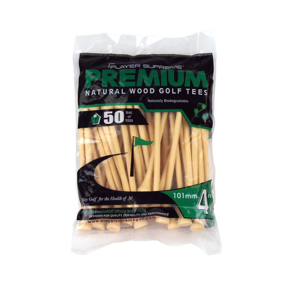Player Supreme4" Premium Wood Golf Tees - 50 Pack (Natural)