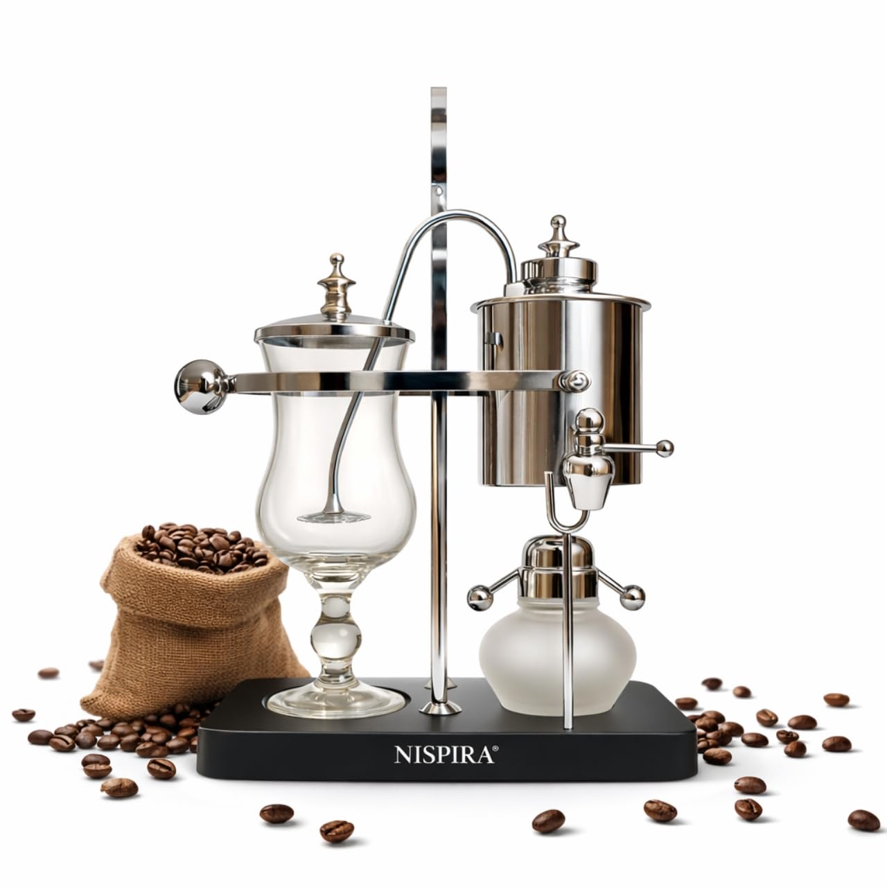 Nispira Belgian Balance Syphon Vacuum Coffee Maker, 500 ml Vintage Gravity Brewing System, Silver Finish, Manual Tabletop Coffee Brewer