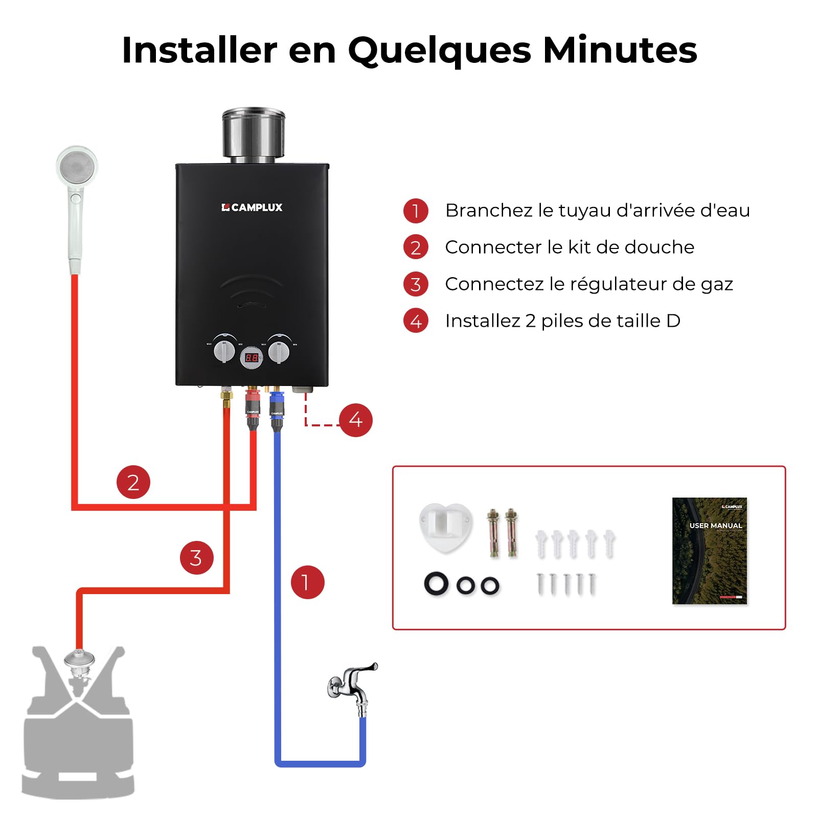 Camplux BW158BC Chauffe-eau à Gaz à 6 Litres sans Réservoir, avec Couvercle de Pluie, Propane ou Butane, 12kW, Noir