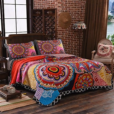 LAMEJOR Quilt Set Queen Size Boho 3-Piece Bedspread Coverlet Set Lightweight Mandala Pattern Reversible Microfiber Multicolor Cover