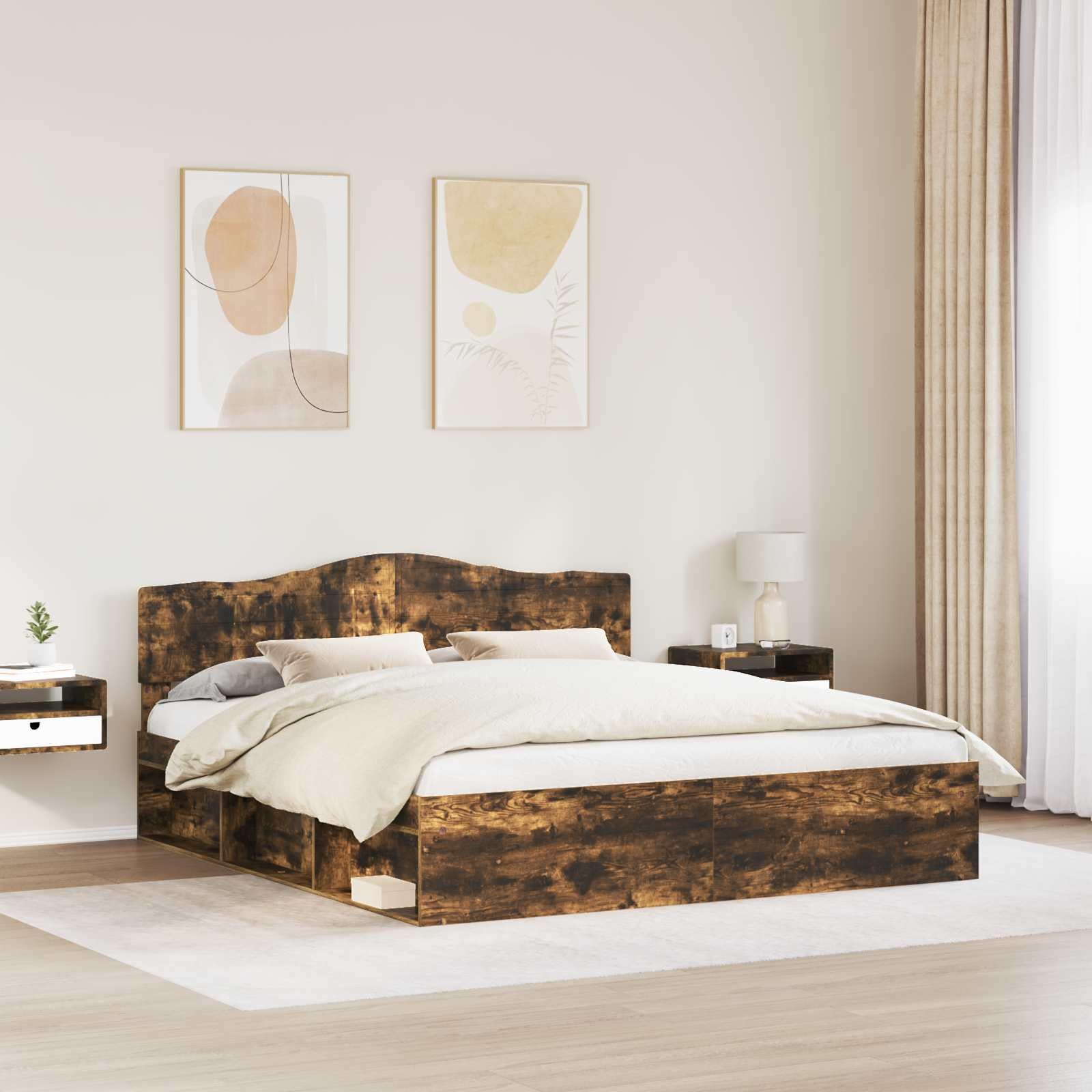 Bettrahmen Geräucherte Eiche aus massivem Kiefernholz 180 x 200 cm Super King Size Bettgestell mit Lattenrost und Kopfteil für Schlafzimmer und Gästezimmer, robust und pflegeleicht
