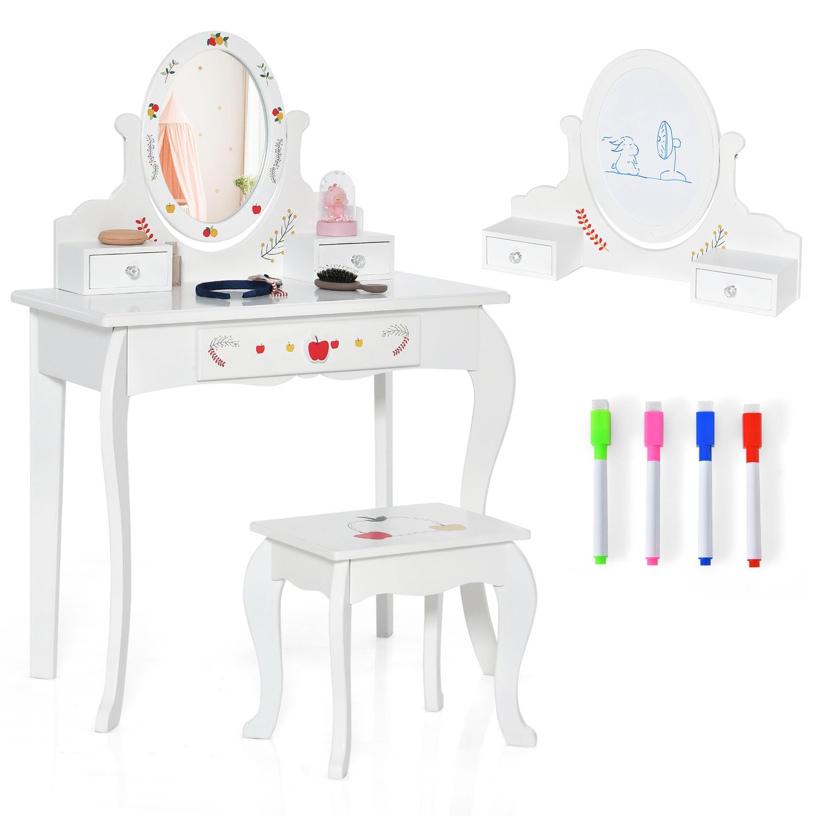 GOPLUS Make-uptafel voor kinderen, met spiegel, prinsessenkaptafel met groeitafel, deurhanger, kledinghaak en wandrek, houten make-uptafel met kruk, meisjes