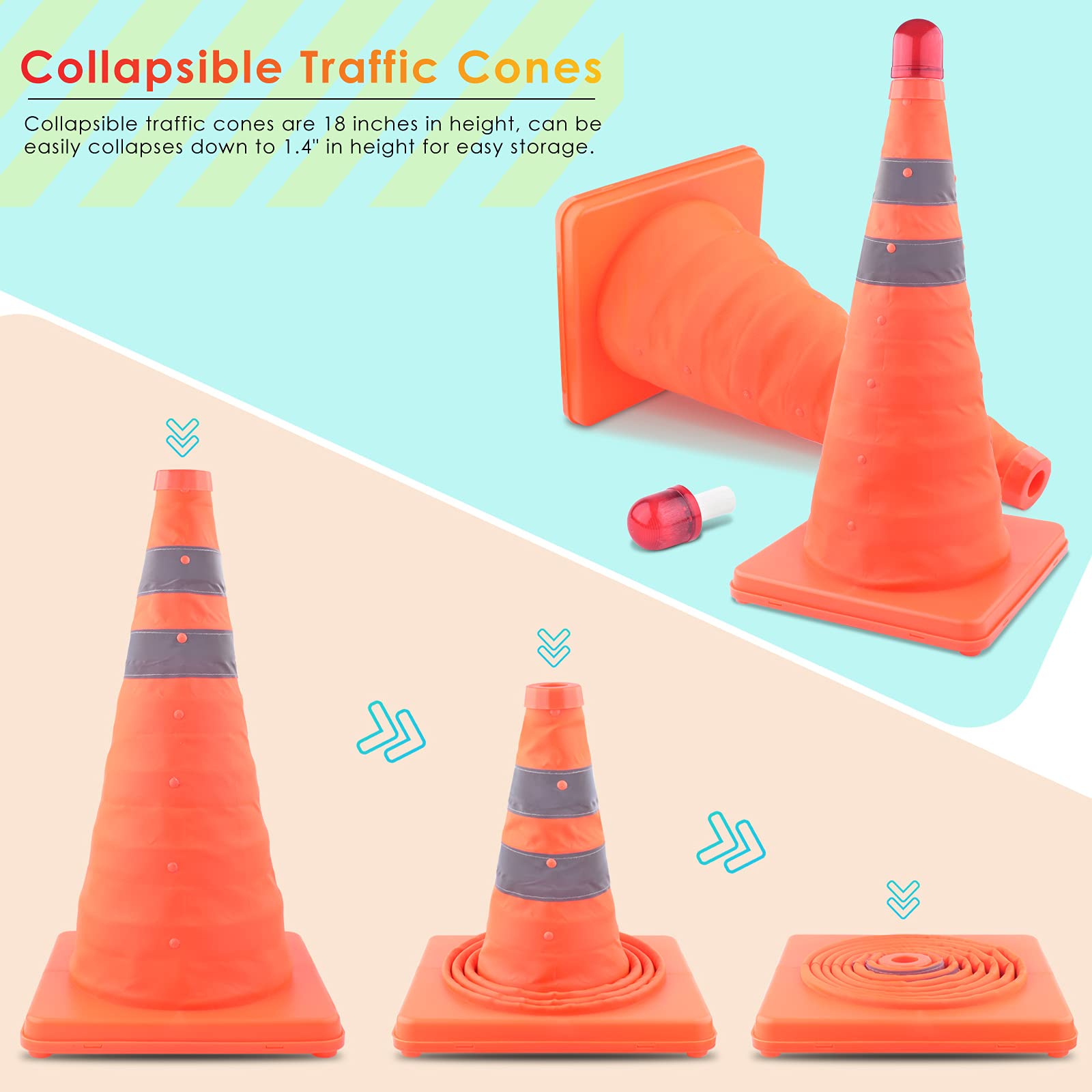 ERKOON 4 conos de tráfico plegables de 45,7 cm con 4 luces rojas intermitentes de PVC de seguridad para carretera de aparcamiento naranja fluorescente, conos de seguridad reflectantes