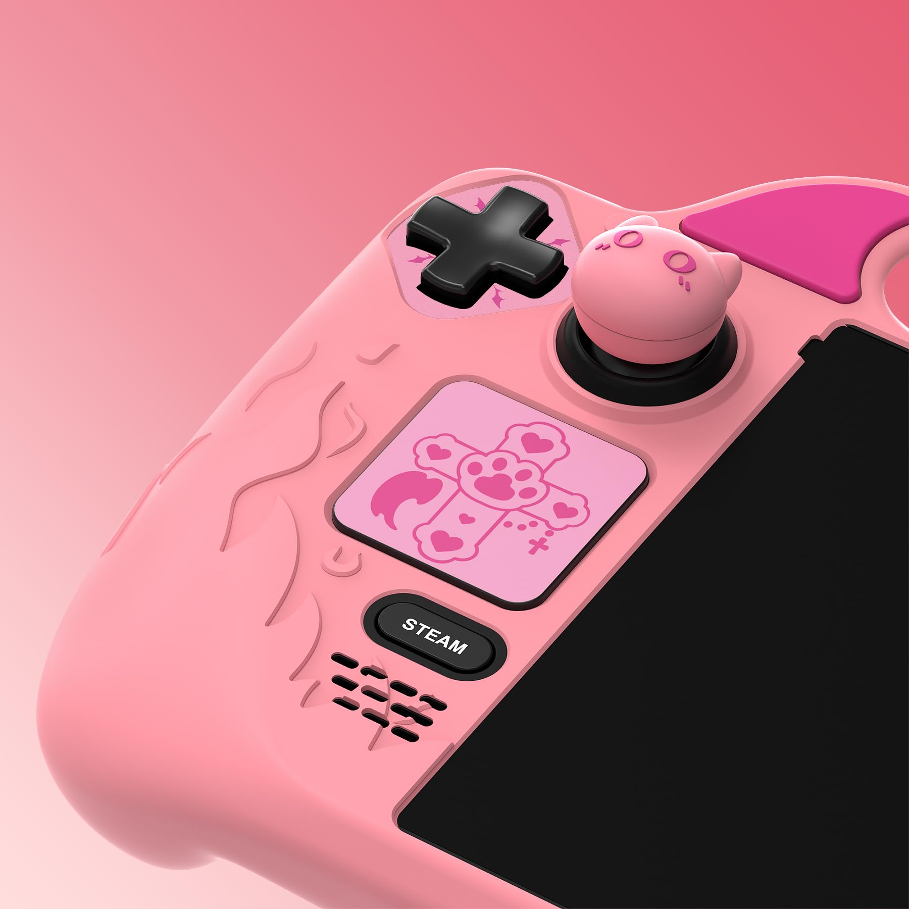 PlayVital Coque pour Steam Deck OLED/Steam Deck Cover avec Caouchon Joystick & Boutons & Trackpads Stickers,Antichoc Antidérapant Anti-Collision Grip Case Silicone-Rose,Cute Demon