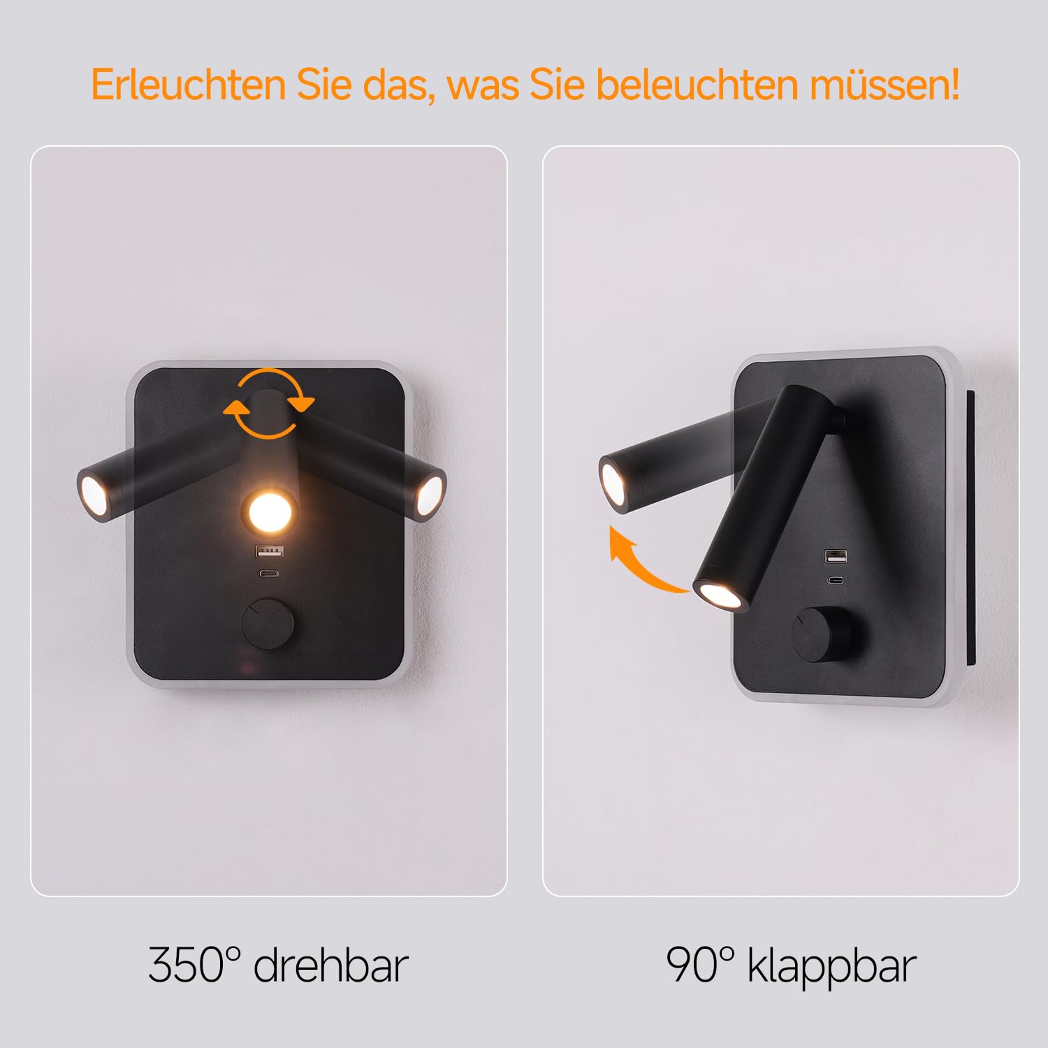 30W Schnellladung Plug-in Wandlampen mit zwei USB-A/C Ports, verstellbare Leselampe, 2-in-1 Installation für Schlafzimmer/Wohnzimmer, LED-Wandlampen (Schwarz)