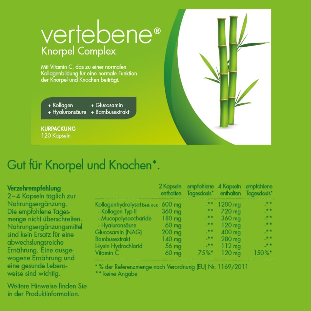 Knorpel Complex - Das Original mit Typ-2 Kollagen, Bambusextrakt & Vitamin C - angereichert mit Hyaluronsäure, Glucosamin und L-Lysin für vitale Bandscheiben - 120 Kapseln