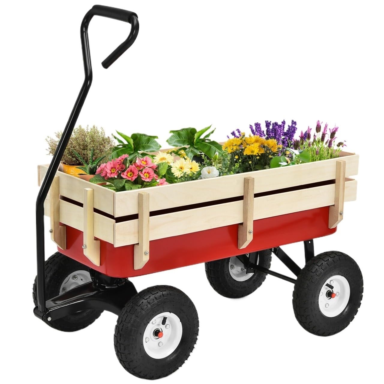 Outdoor Garden Cart Heavy Duty Utility Wagon Garden Dump Cart with Removable Wooden Side for Lawn Camping