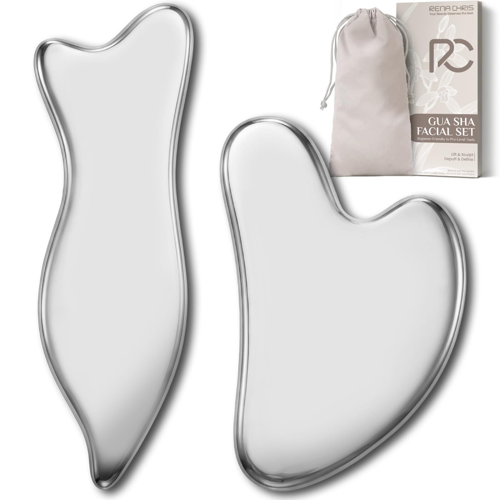 Rena Chris 2PCS Gua Sha Facial Tools, Stainless Steel Guasha Tool- Silver