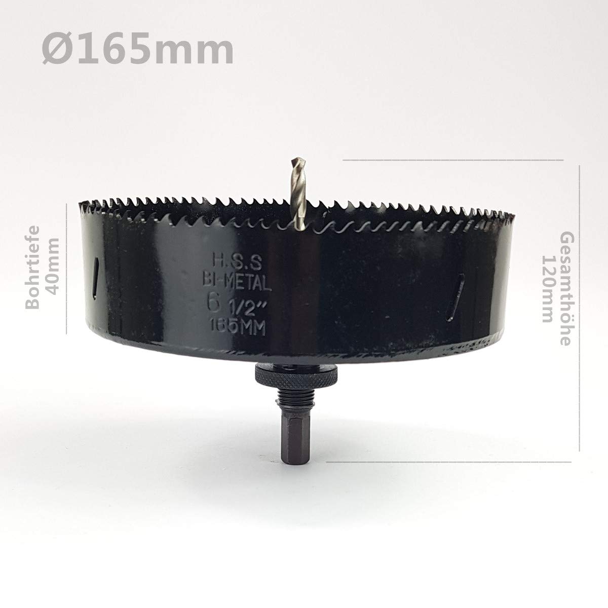 Broca de corona Ø165 mm HSS-Bi-Metallbohrer Bohrkrone Lochkreisssäge con adaptador, profundidad de perforación 40 mm para acero, metales no ferrosos, madera y Holzwerkstoffe etc. Bohrfux.