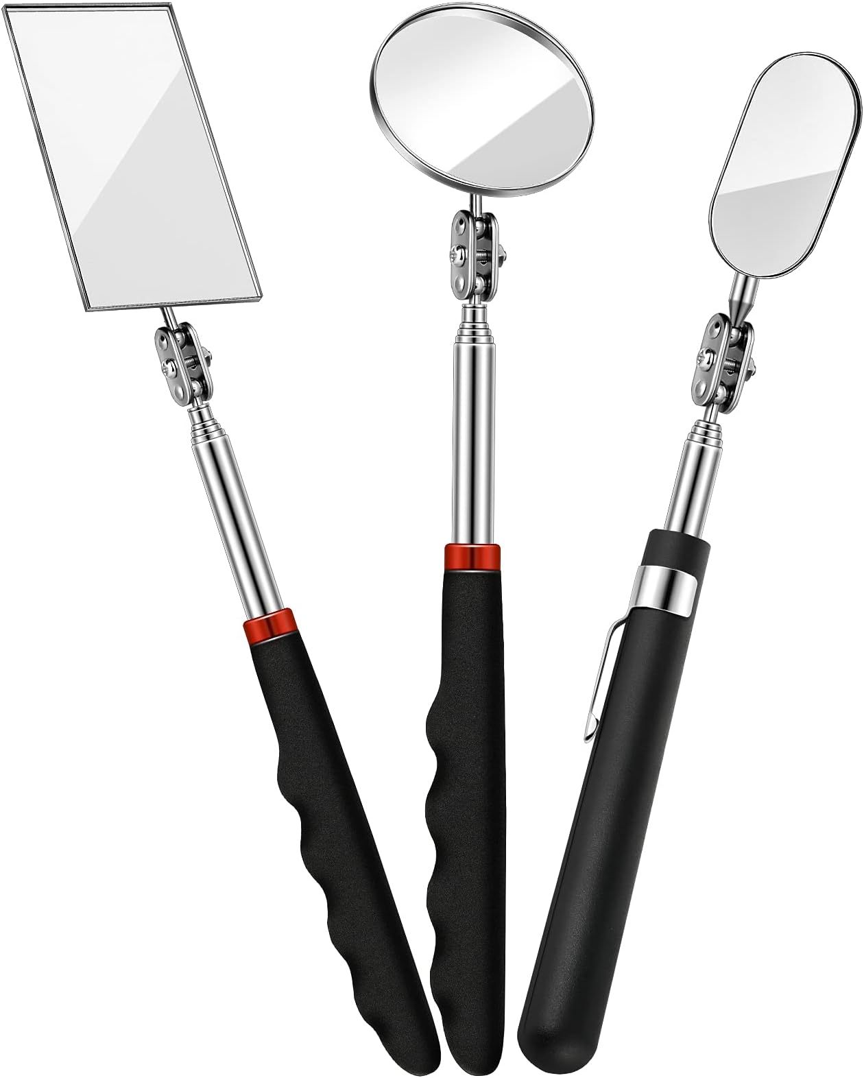 3 Pieces Telescoping Inspection Mirror Round Square Mirror Inspection Tool for Checking Vehicle, Observing Eyelashes Mouth and Other Small Parts(Oval, Square, Round Style)