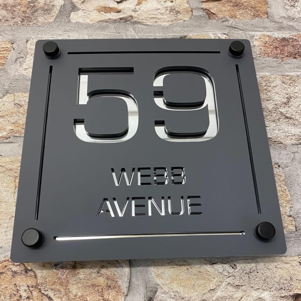 One of a Kind UK Personalised House Sign Custom Door Number Plaque for Outside with Street Name 180x180mm UV Stable Weatherproof Acrylic 7 Colour Options Modern Floating Design โ Grey โ image 1