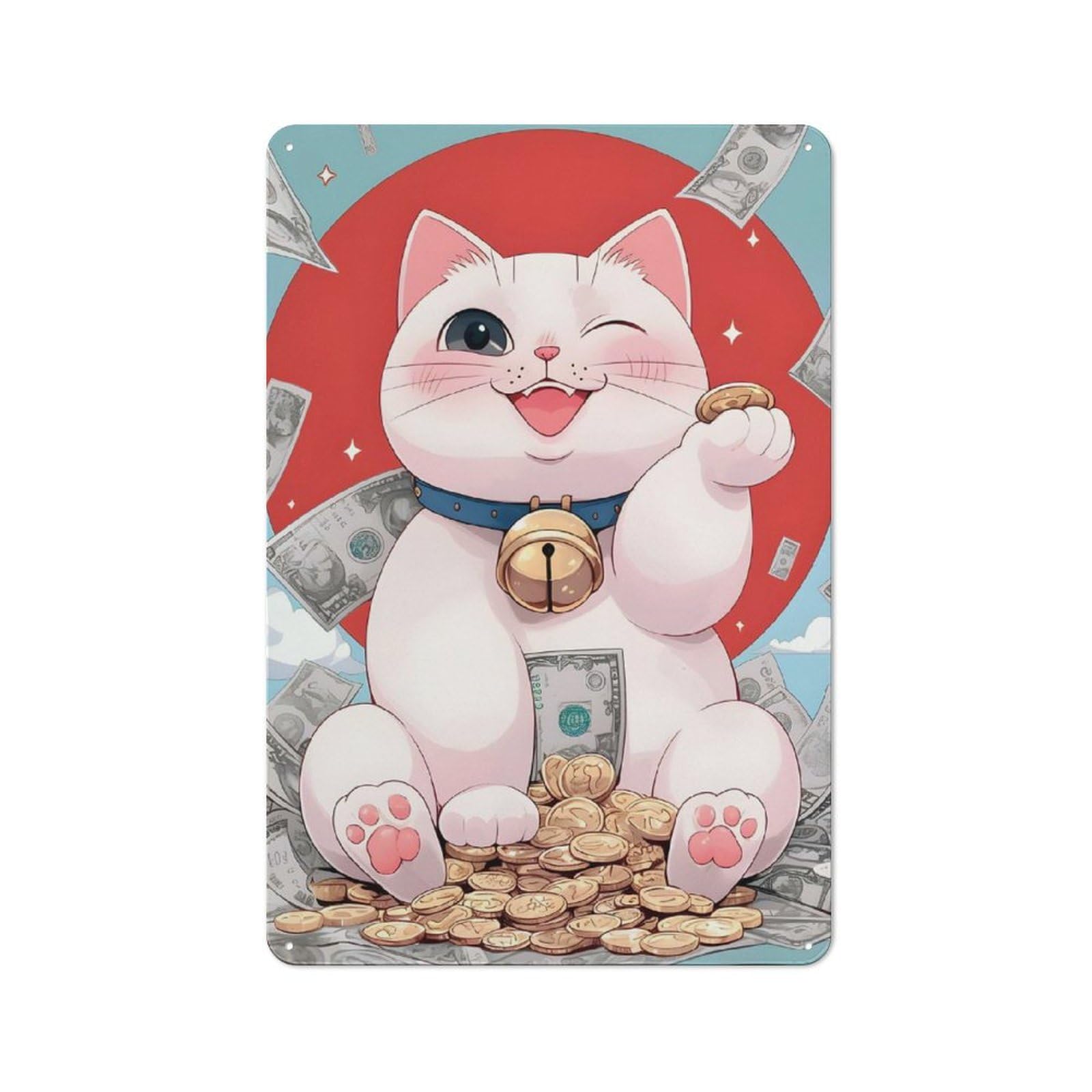 Junmoney Style-1 Lucky Cat With Coins - Maneki Neko Bitcoins Retro Metal Sign 30X20cm For Living Room Or Hallway, For Kitchen, Dining Room And Home Bar Wall Decor