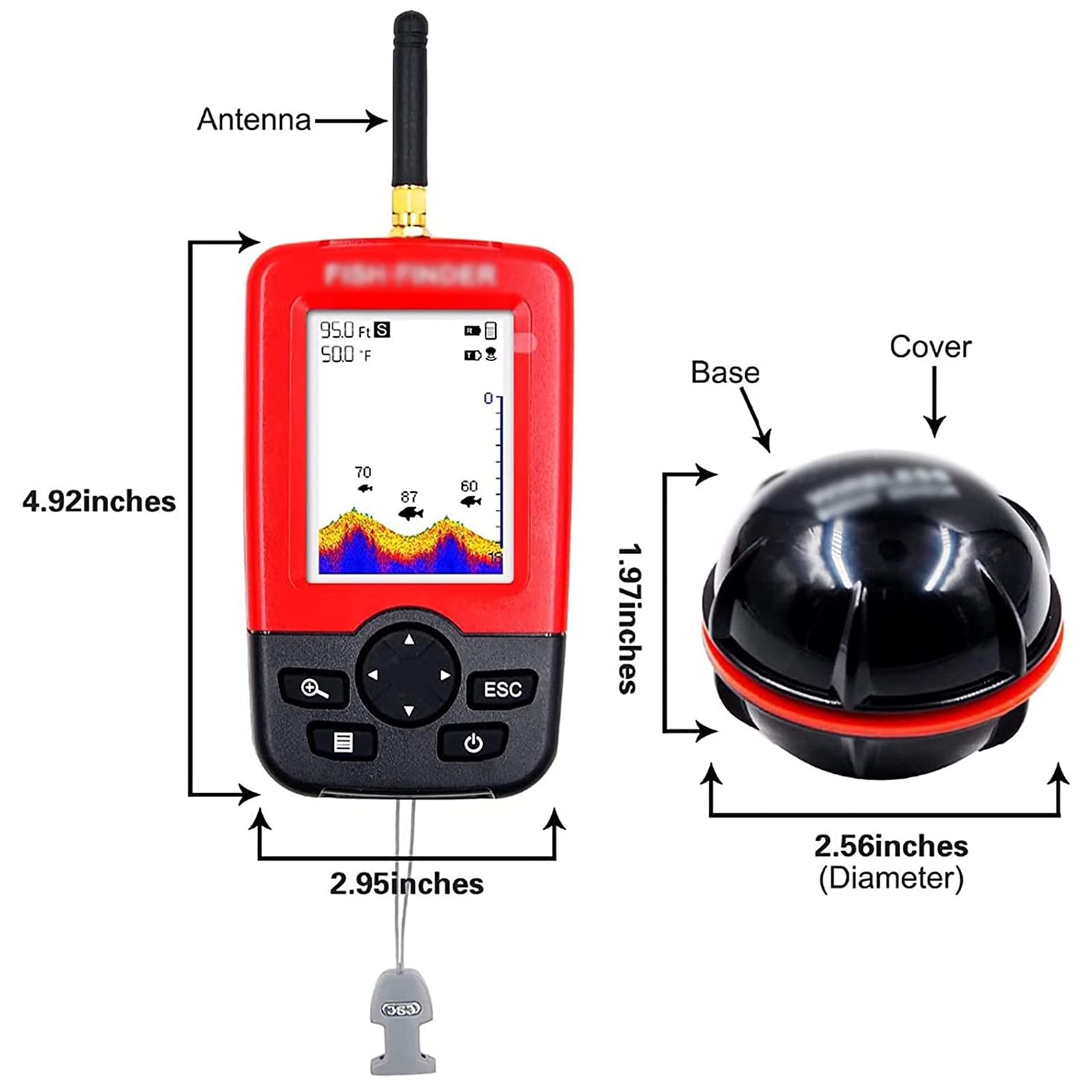 Fishfinder Wireless Portatile, ecoscandaglio con sensore ecoscandaglio, Raggio di rilevamento della profondità dell'Acqua da 3 Piedi (1 m) a 328 Piedi (100 m), per la Pesca in Barca