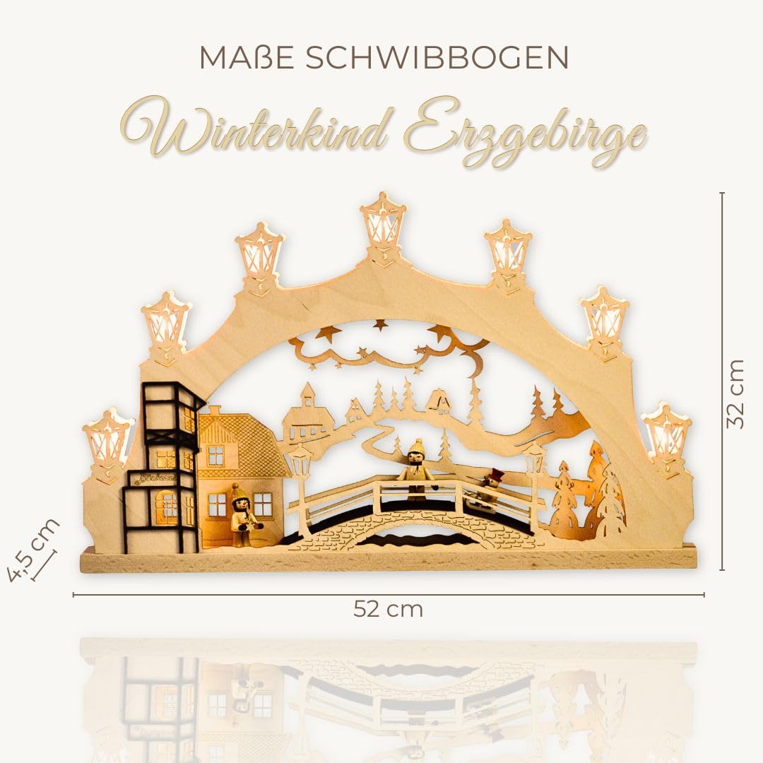 weigla - Schwibbogen original Erzgebirge I Lichterbogen Weihnachten I Motiv Winterkinder Erzgebirge I 7 Lampenkerzen + 1 Ersatzlampe I 7 x 34 V, 3 W, E10 I beleuchtete Weihnachtsdeko