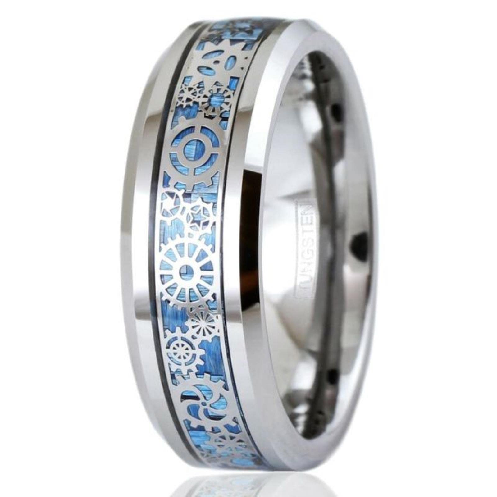 MAYIYAHO Men Women Tungsten Steel Wedding Ring 8MM With Mechanical Gear Wheel Light Blue Carbon Fiber Inlay Beveled Edges Comfort Fit