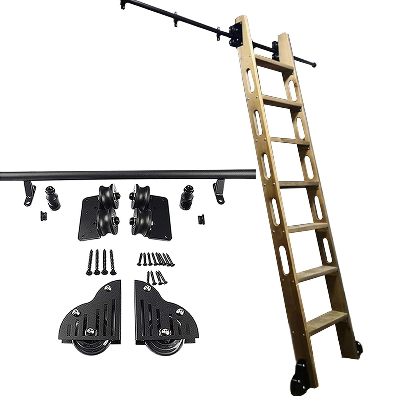 Kit de riel de tubo redondo de acero para escalera de biblioteca negra