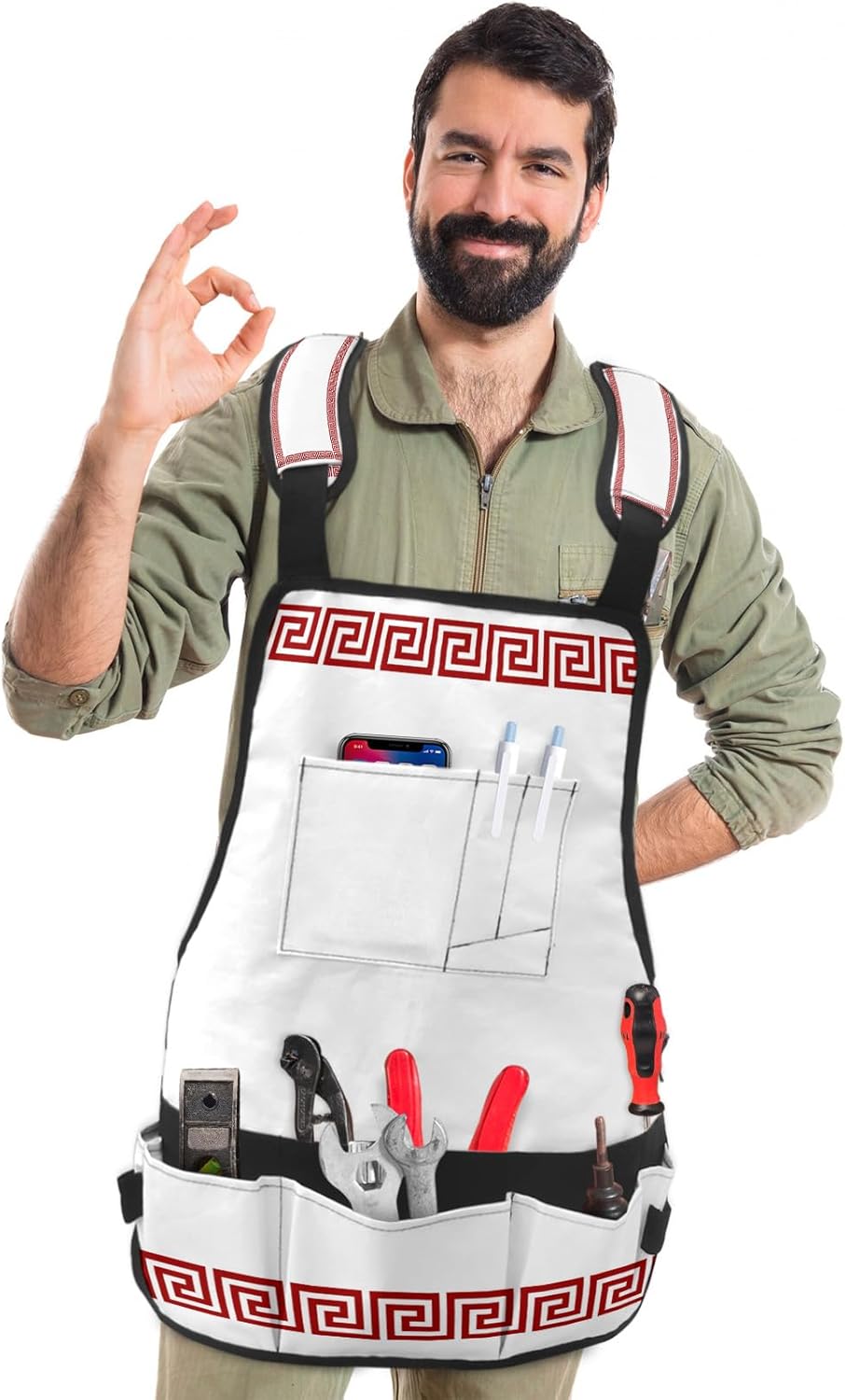Work Apron for Men Adjustable Woodworking Apron with 16 Pockets Oxford Apron Artistic Geometric Border Red Tool Apron