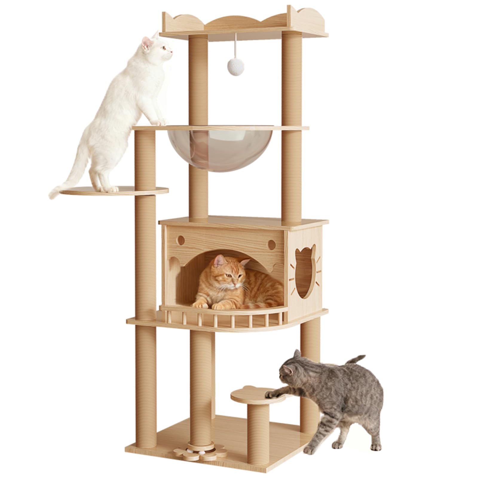 KVIDA Solid Pine Wood Cat Tree for Indoor Cats, 56.7” Tall Modern Cat Tower with Clear Acrylic Hammock & Condo House, Heavy Duty Wooden Cat Tree for Large Cats with Sisal Scratching Posts